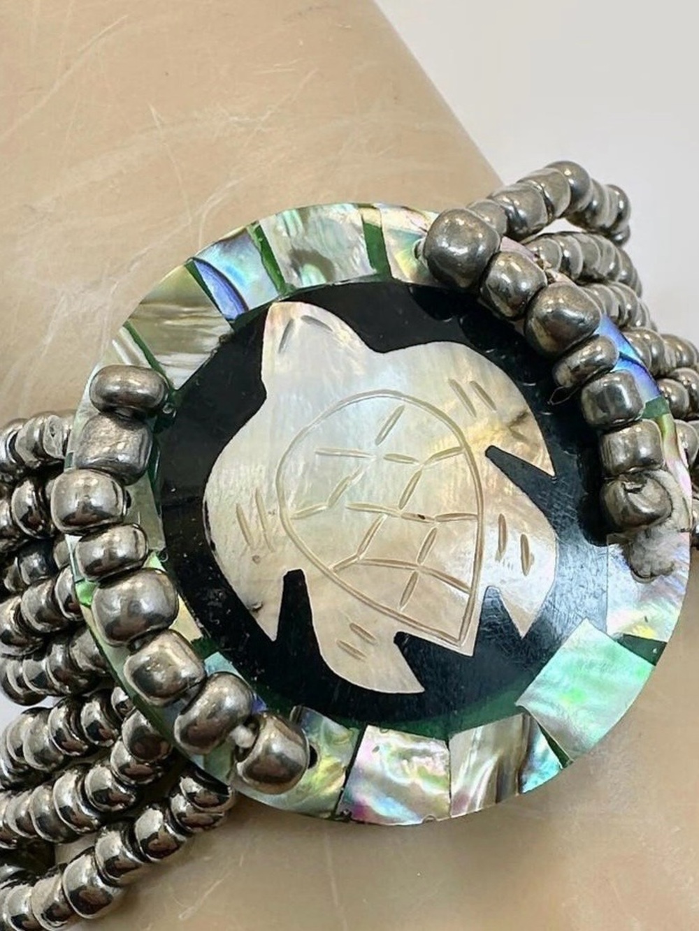 Abalone Shell Inlay Turtle Glass Stretch Carved Bracelet